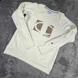 Champion Pullover Sweatshirt Women's Medium Beige Leopard Print Logo